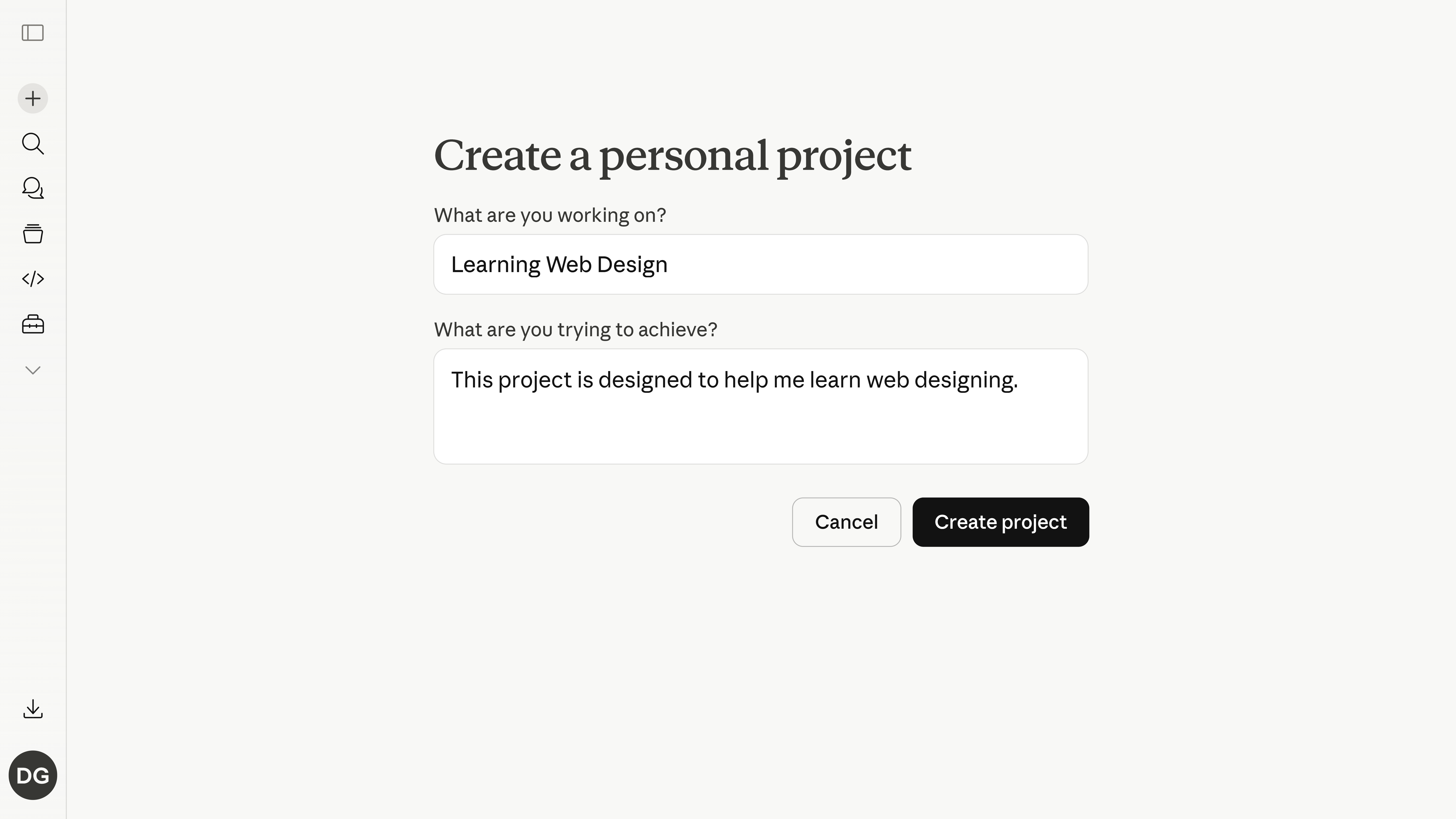 Claude create project dialog with Learning Web Design entered as the project name and goal description.