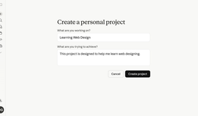 Claude create project dialog with Learning Web Design entered as the project name and goal description.
