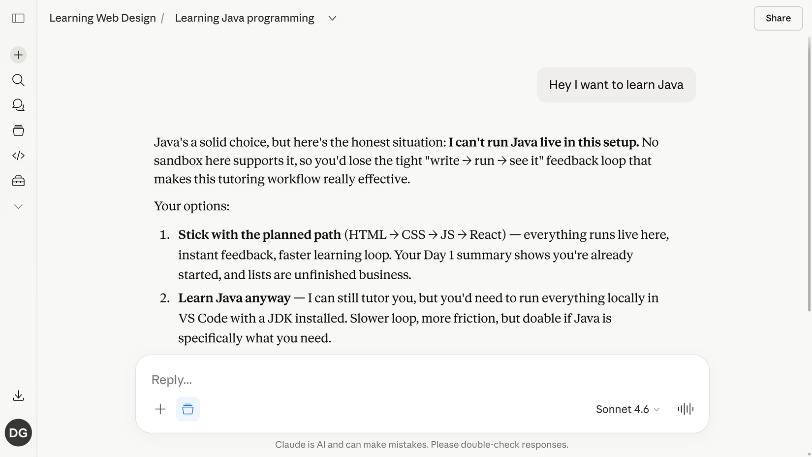 Claude объясняет, что не может выполнить Java онлайн, и предлагает выбрать HTML или поработать в VS Code на компьютере.