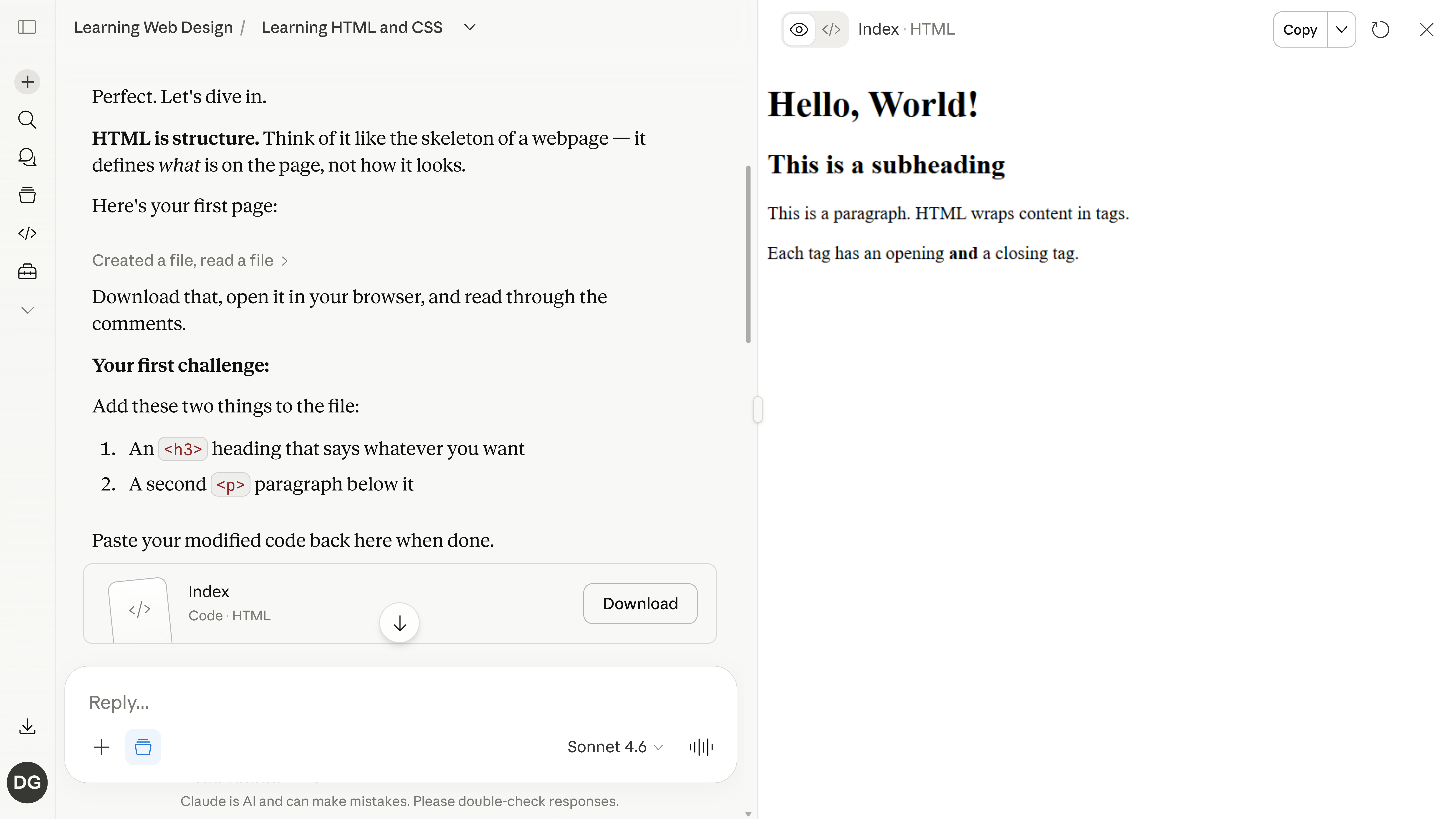 Claude tutor giving the first HTML exercise to add an h3 heading and paragraph with the Hello World artifact rendered live on the right.