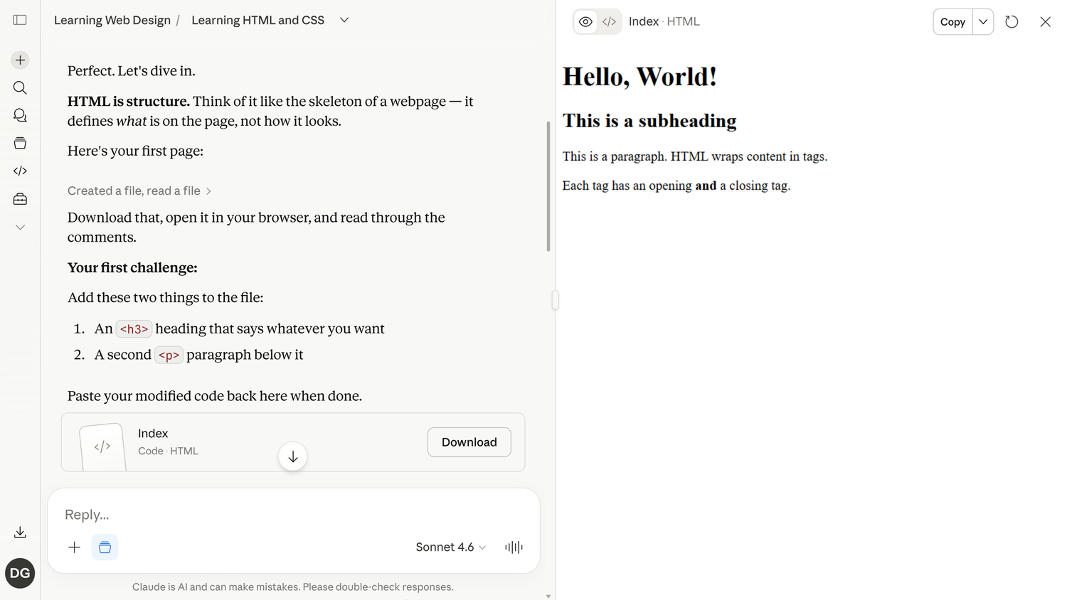 Claude tutor giving the first HTML exercise to add an h3 heading and paragraph with the Hello World artifact rendered live on the right.
