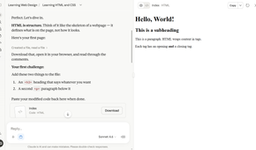 Claude tutor giving the first HTML exercise to add an h3 heading and paragraph with the Hello World artifact rendered live on the right.
