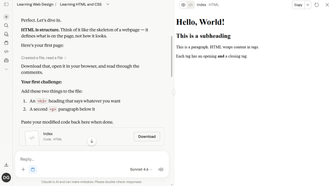 Claude tutor giving the first HTML exercise to add an h3 heading and paragraph with the Hello World artifact rendered live on the right.