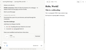 Claude tutor's first HTML exercise showing the artifact download button to copy the code into VS Code.