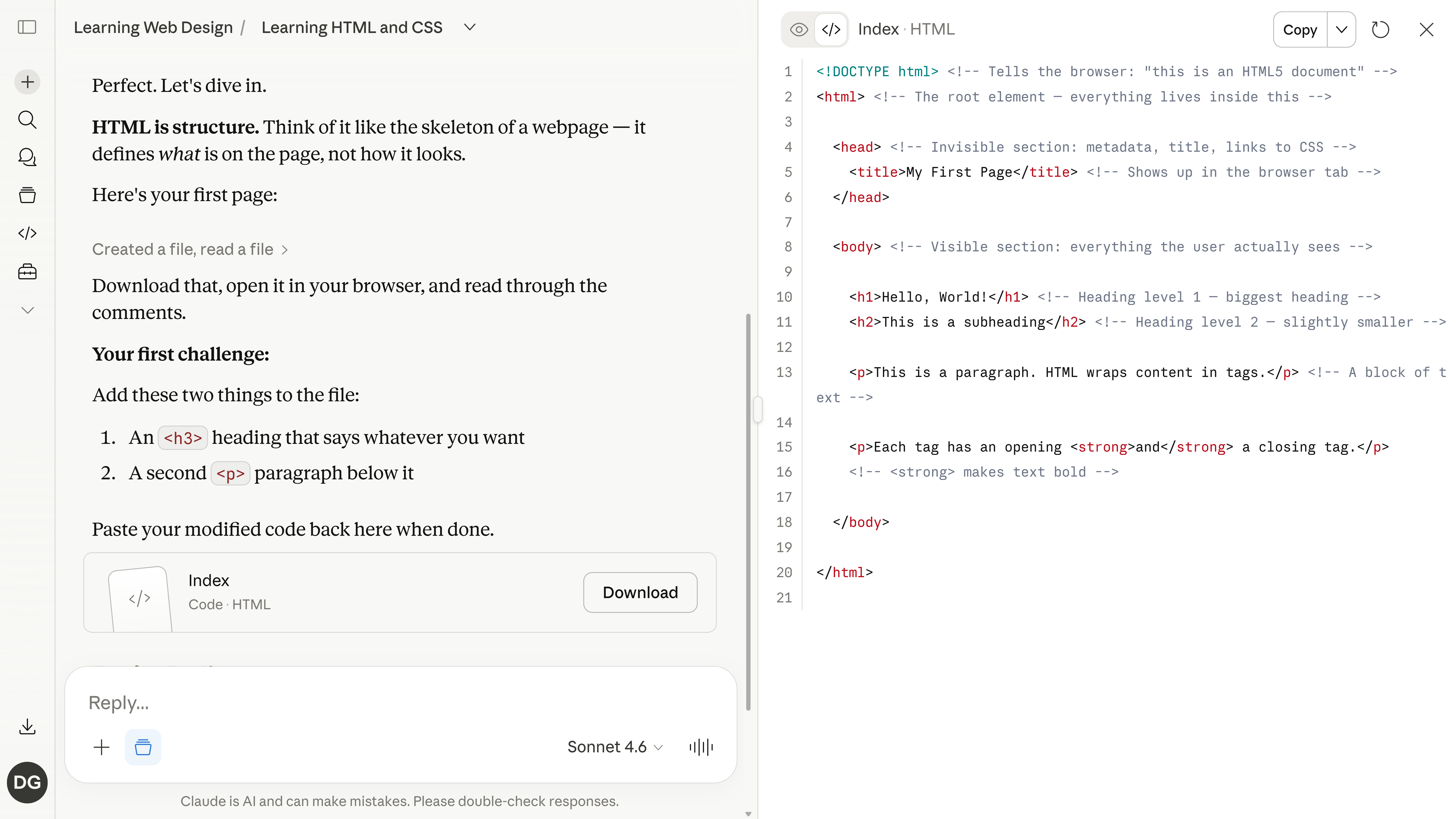 Claude tutor's first HTML exercise with the artifact showing the full inline-commented source code instead of the rendered preview.