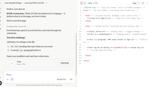 Claude tutor's first HTML exercise with the artifact showing the full inline-commented source code instead of the rendered preview.