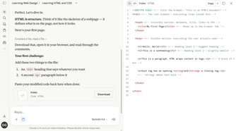 Claude tutor's first HTML exercise with the artifact showing the full inline-commented source code instead of the rendered preview.