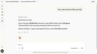 Claude tutor starting an HTML and CSS session with the planned learning path and asking if VS Code is installed.