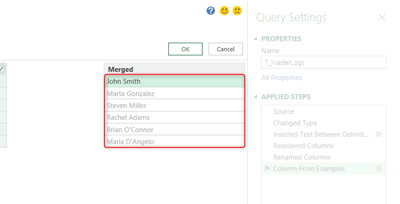 Power Queryエディターで「例からの列」を使って氏名リストを整形している様子