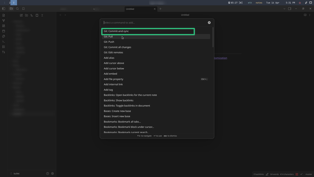 Commit and sync via Obsidian's command palette