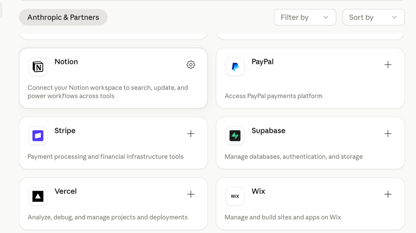 Connectors in Claude including Notion and PayPal.