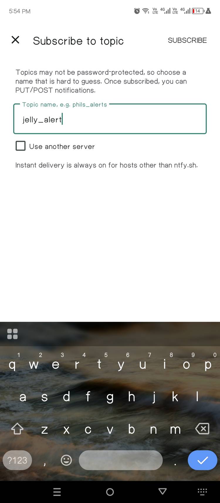 Creating a new topic to subscribe to using the Ntfy mobile app.