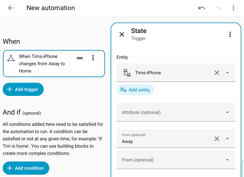 Creating an automation based on Wi-Fi presence as a trigger in Home Assistant.