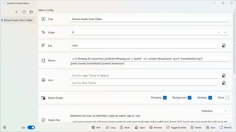 The custom command I created for FFmpeg. 