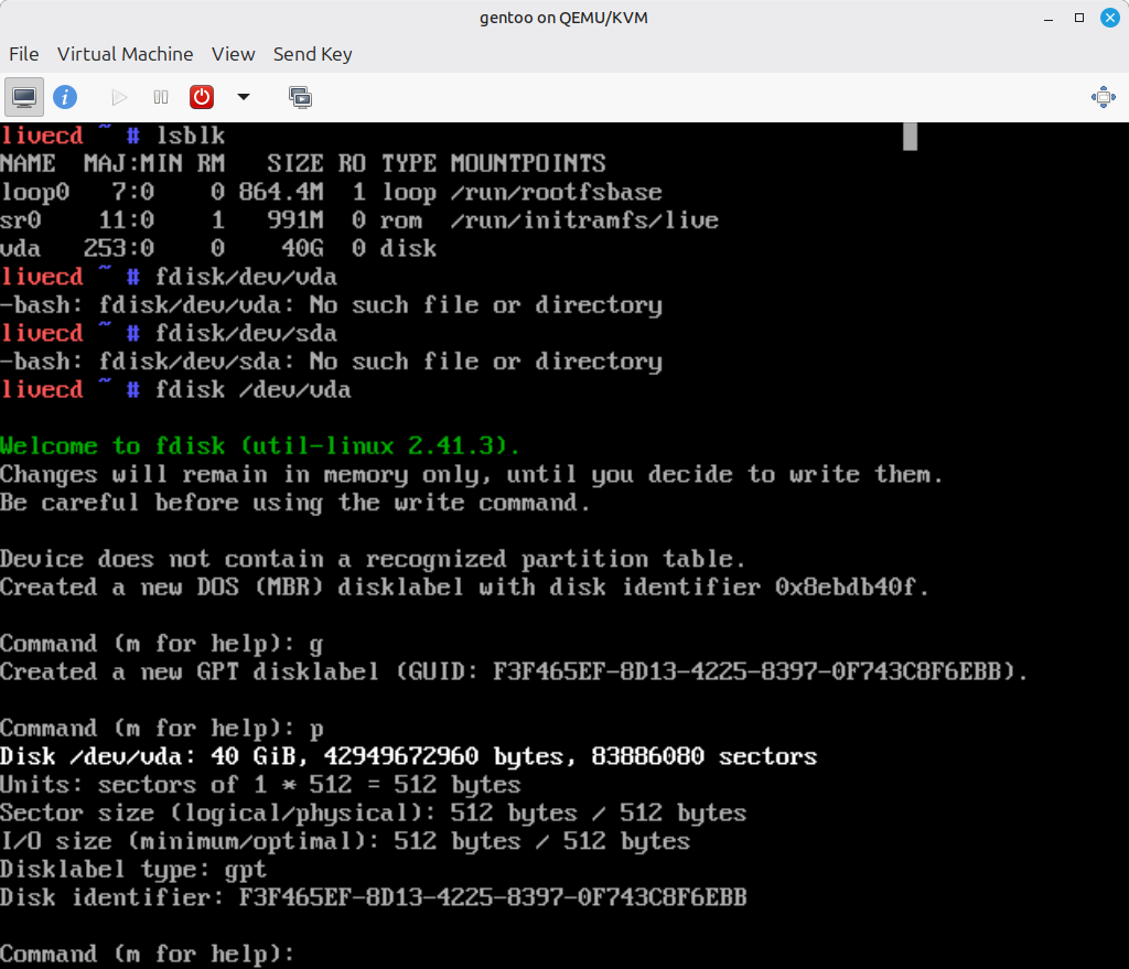 Using the fdisk utility during the Gentoo installation