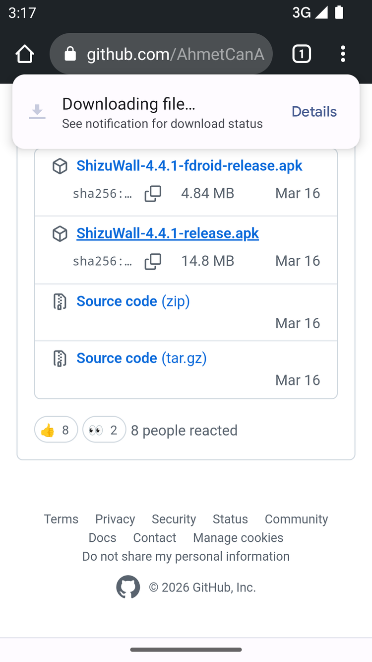 Downloading ShizuWall from the official GitHub repo.