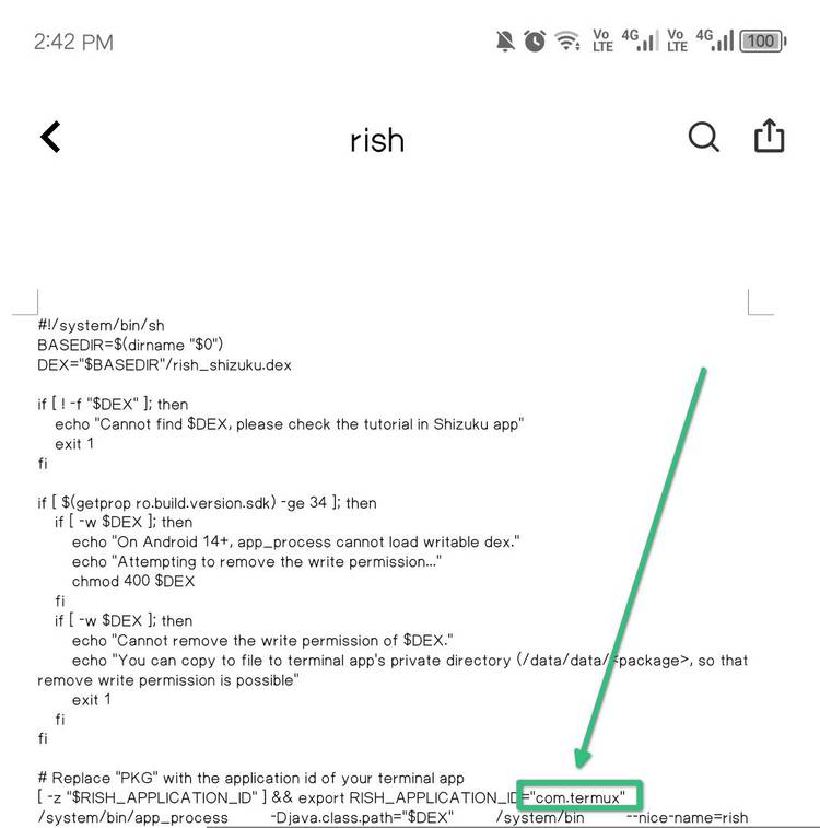 Editing the rish file with the Termux package name.