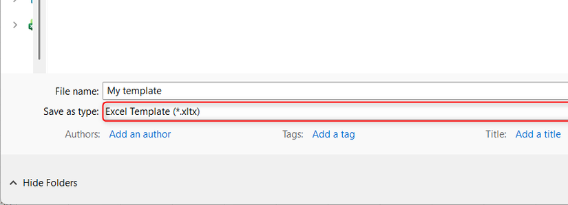 Excel Template is selected in the Save as type field of the Save As dialog, and the file is named My template.