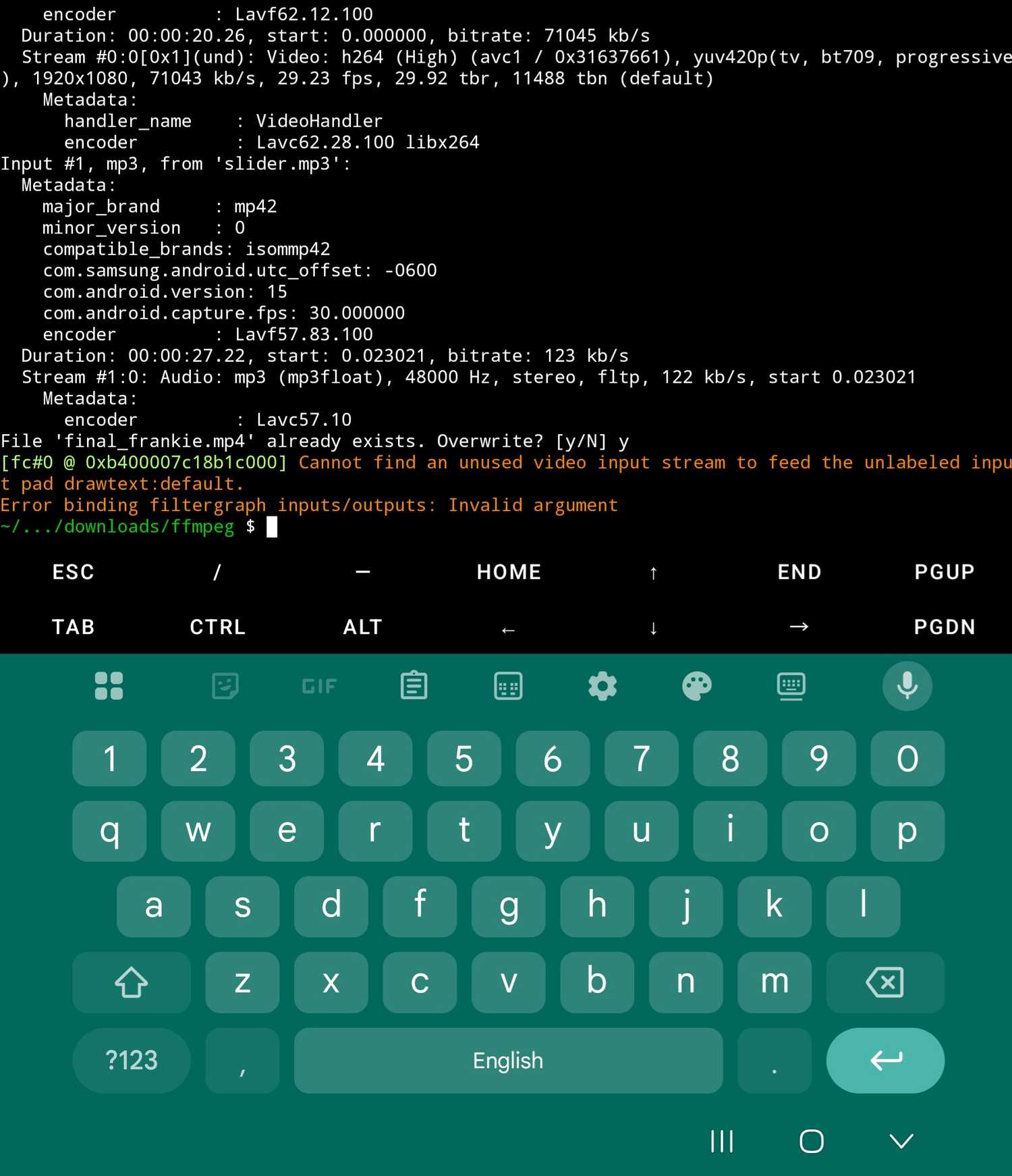 An instance of ffmpeg in Termux, showing a failed experiment