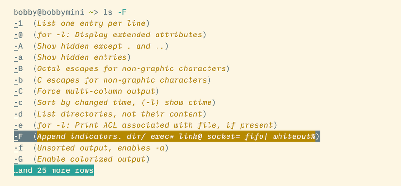 A command line reading "ls -F" showing rows of possible completions, each representing an option to the command. One is selected, -F, which appends indicators.