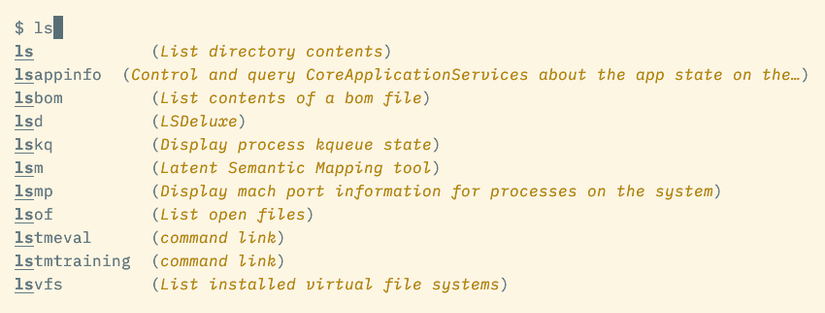 The ls command followed by several rows of commands beginning with "ls"—like lsappinfo and lsm. Each command has a brief description alongside it.