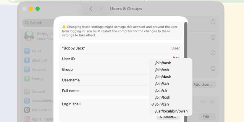 The macOS System Settings app showing user details with a Login shell menu showing /bin/bash, /bin/csh, and other options.