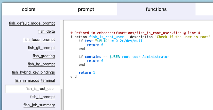 The fish web UI showing the content of a function, fish_is_root_user.
