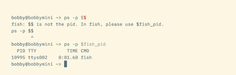 A command trying to use the $$ variable results in a fish error reading "In fish, please use $fish_pid."