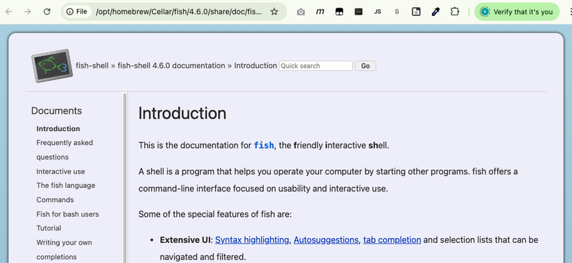 The Fish web-based help shows links to sections like Introduction, Frequently asked questions, and The fish language. 