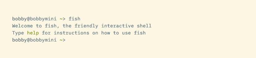 A terminal showing the fish command printing a message reading "Welcome to fish, the friendly interactive shell."