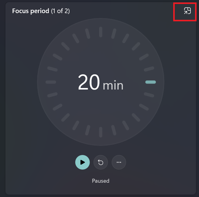 Close-up of a focus session timer set to 20 minutes in the Windows Clock app, with controls below and an “always on top” icon highlighted in the corner.
