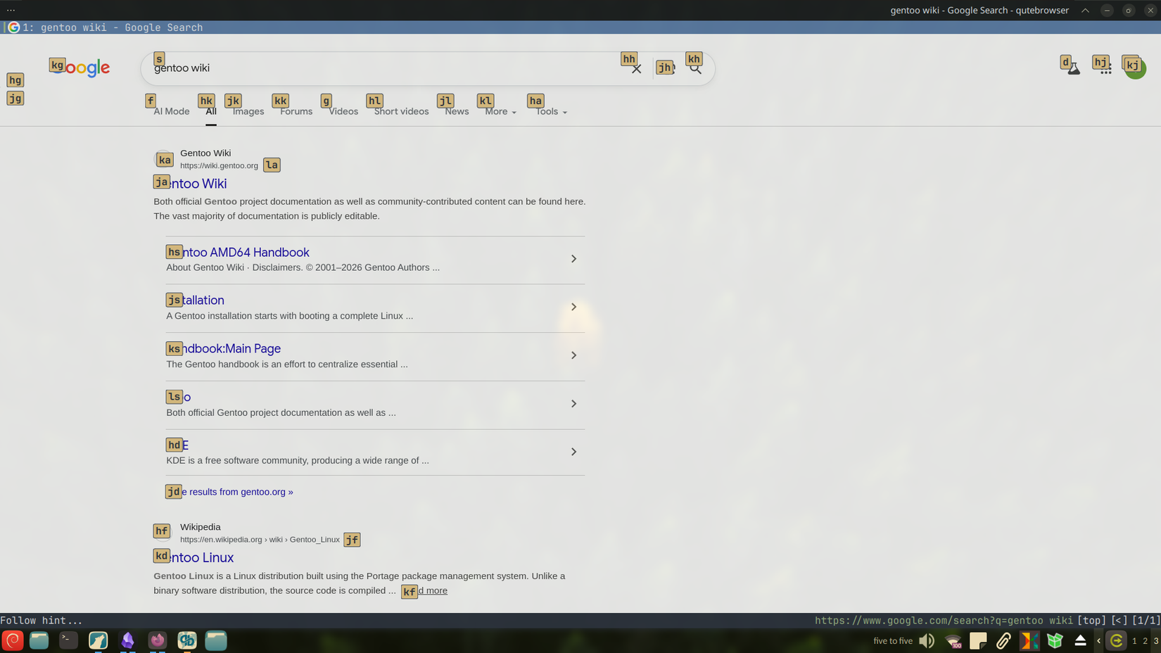 Following link hints on Qutebrowser, triggered with the f key.
