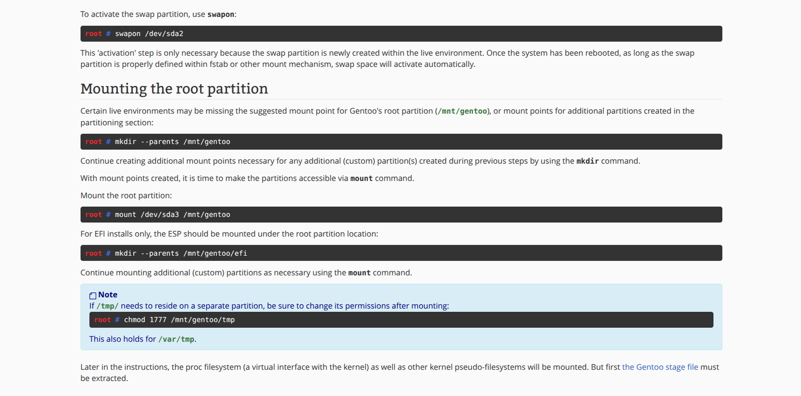 Deatailed gentoo handbook instructions, showing how to set up a root partition