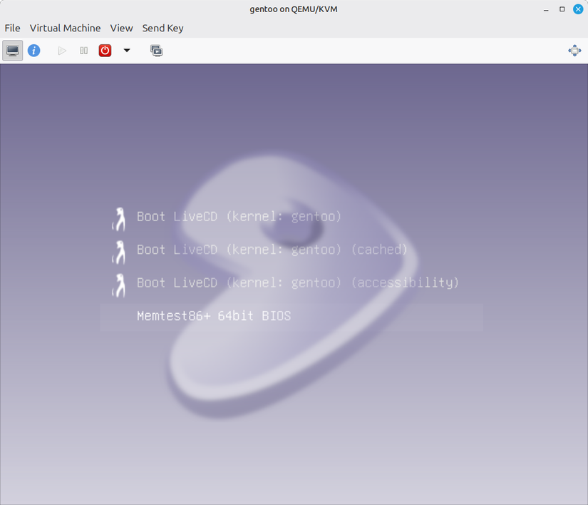 A Gentoo logo can be seen inside a virtual machine