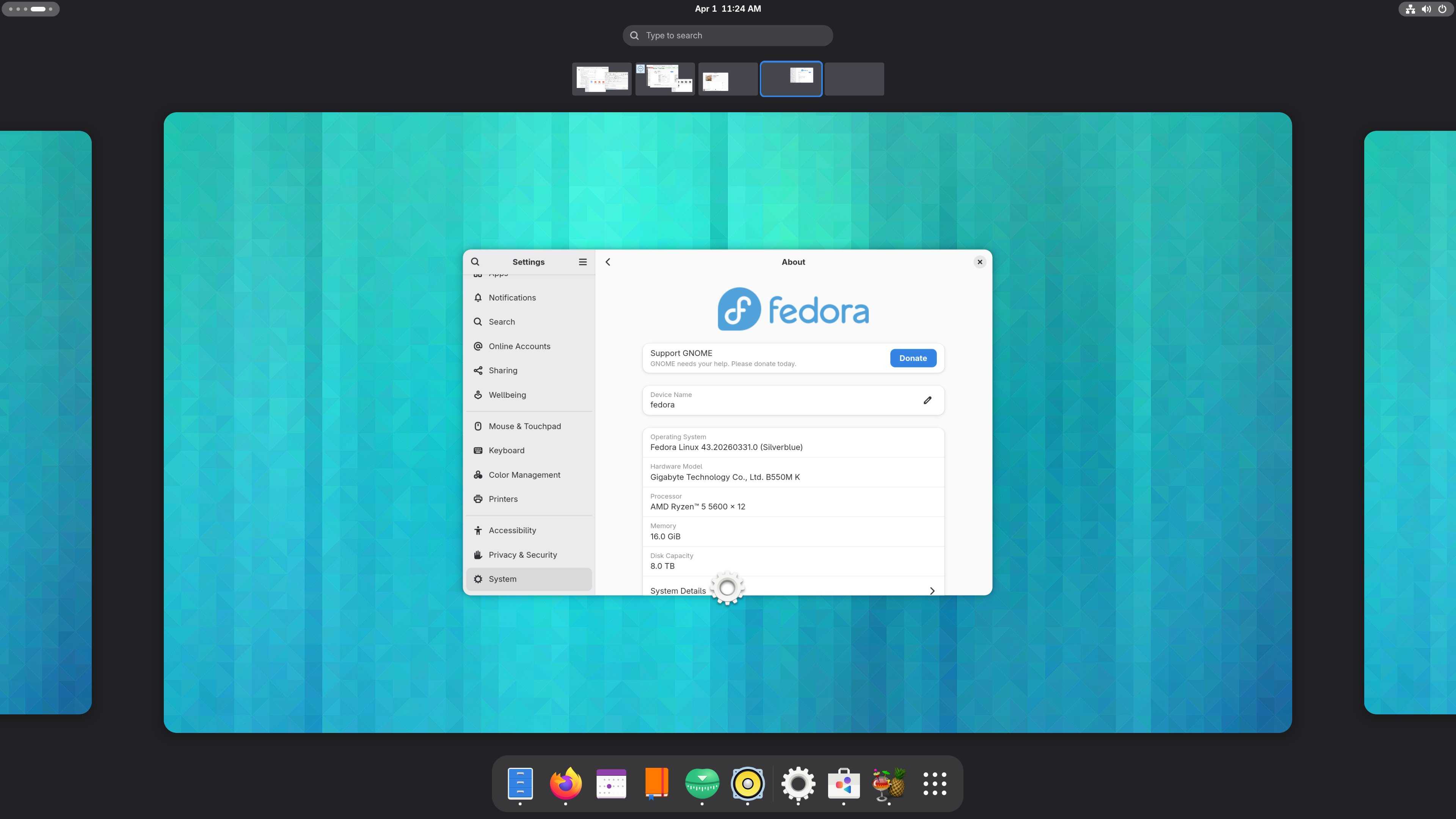 System details in a GNOME desktop running on Fedora Silverblue 43.