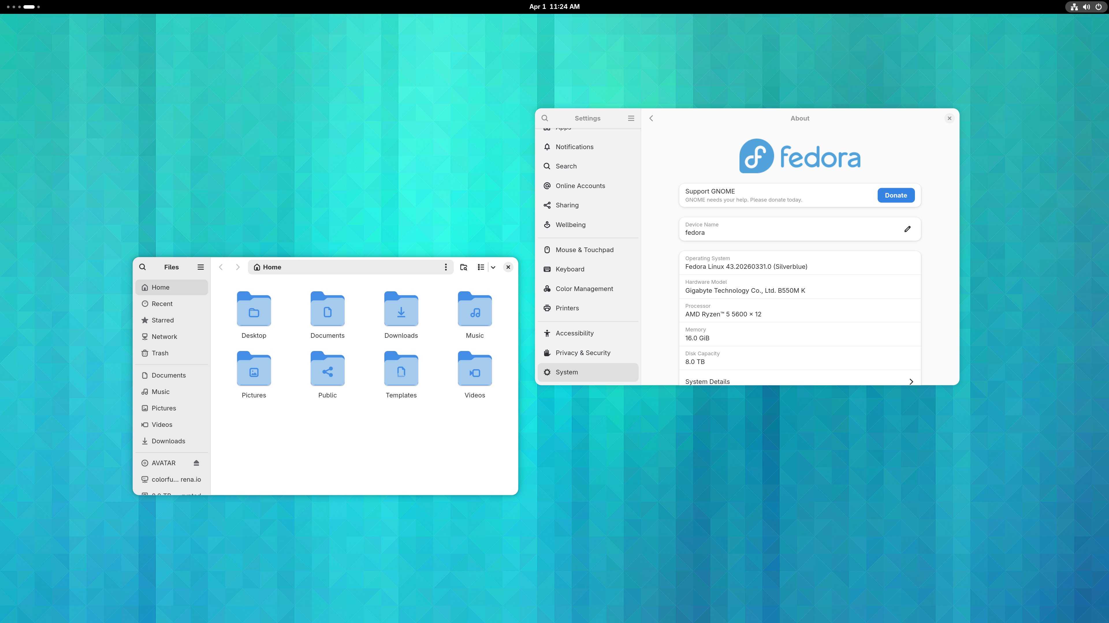 Two apps open side by side in Fedora Silverblue 43.