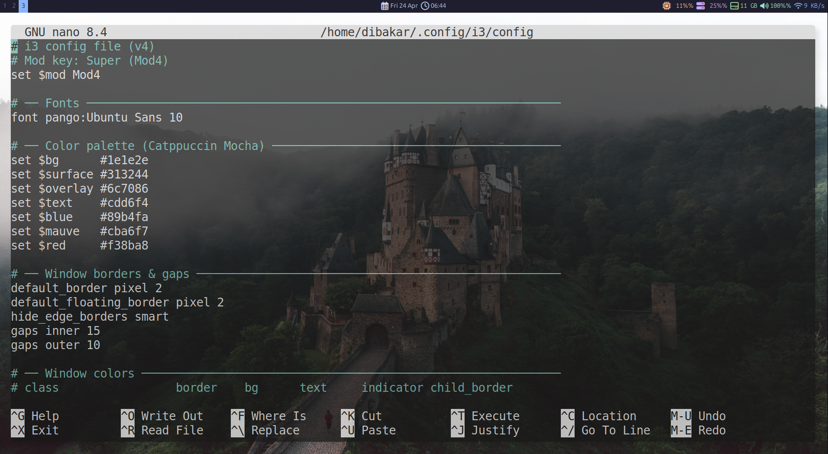 GNU nano editing i3 config file with Catppuccin Mocha colors and gap settings.