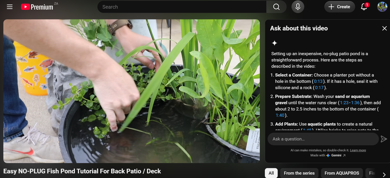 Google Gemini shows the steps in a video tutorial with timestamps.