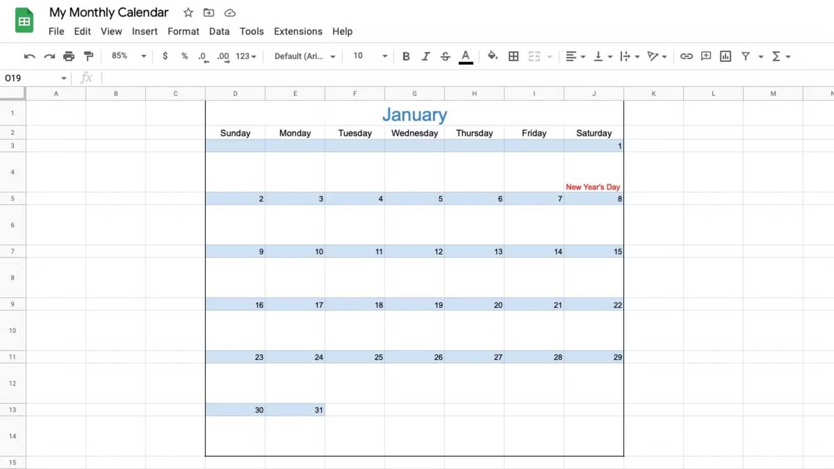 Google Sheets Showing a Monthly Calendar