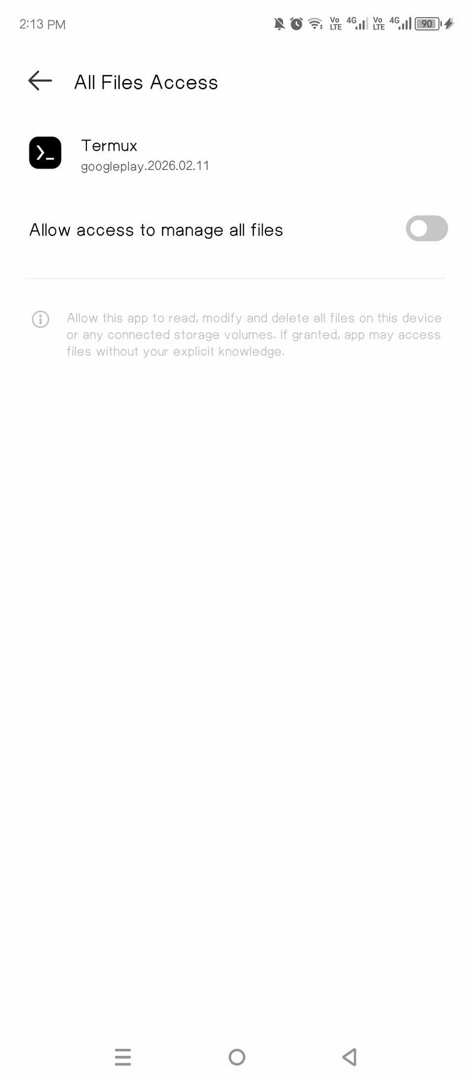 Granting Termux access to my phone storage.
