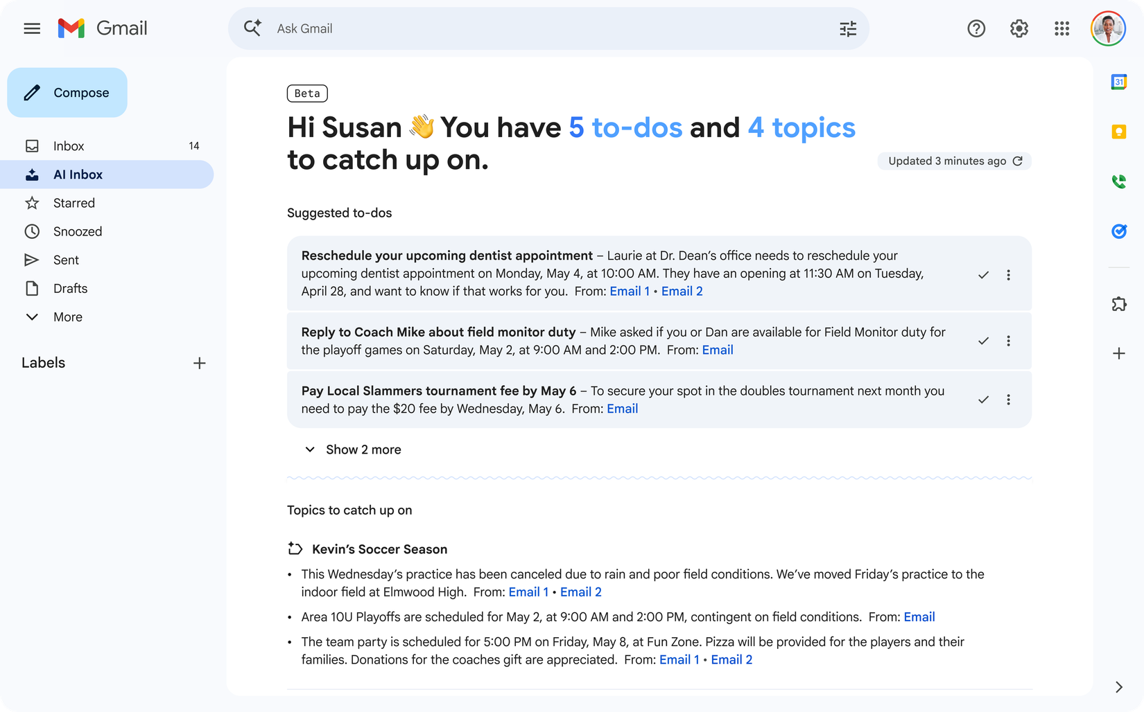 AI summary in Gmail with a list of items to complete and catch up on