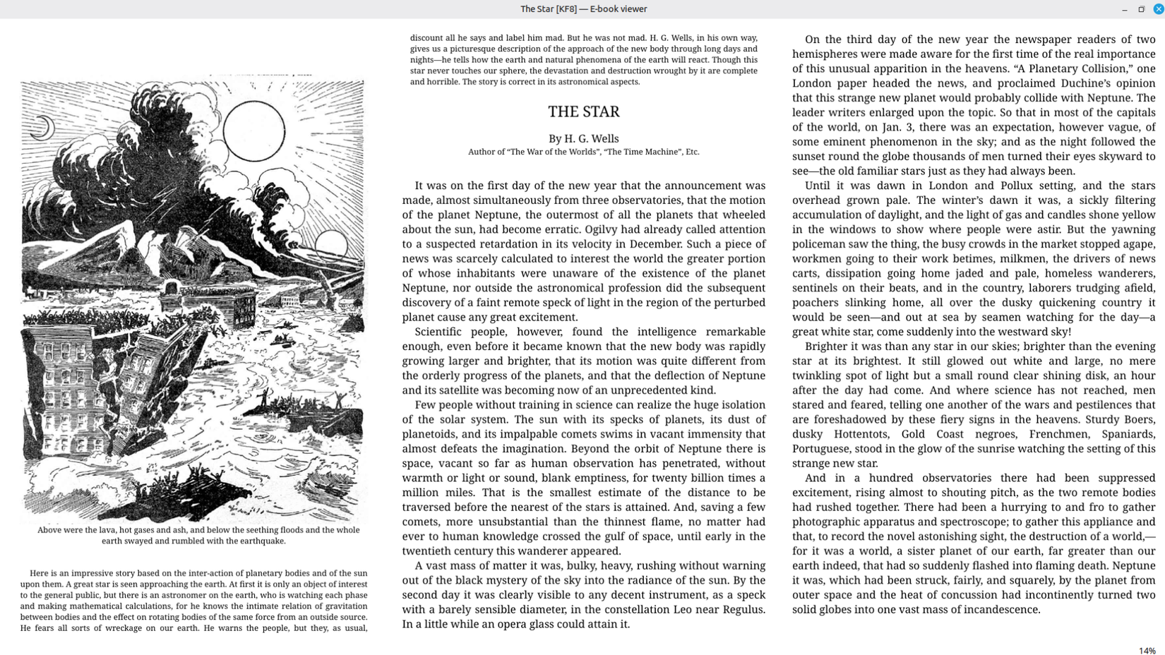 A public domain story displayed in full-screen via Calibre