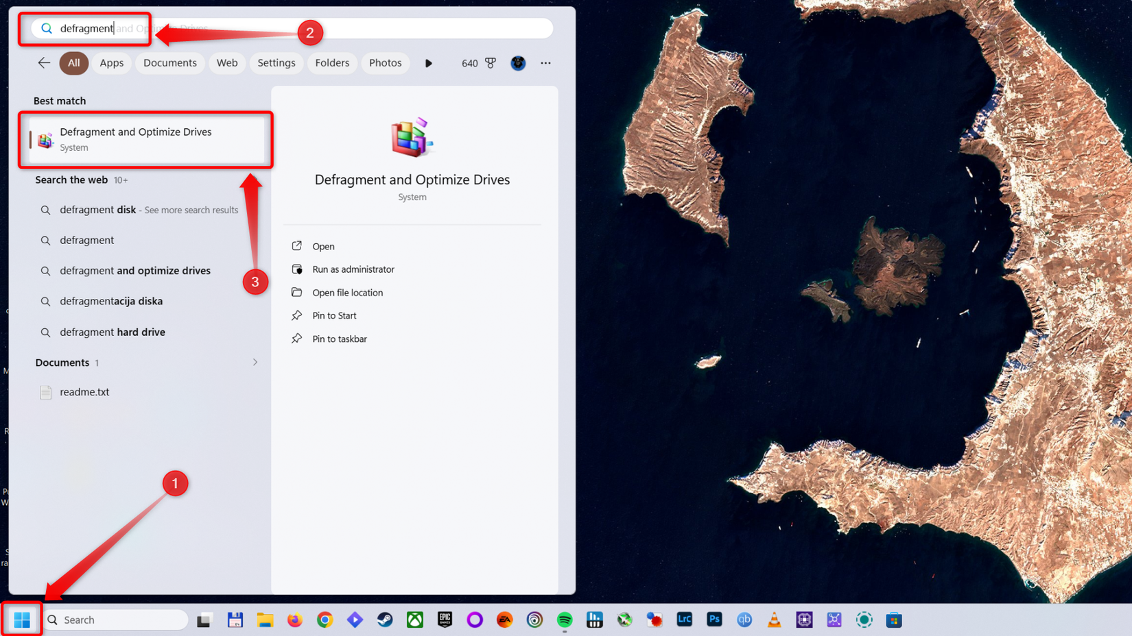 Opening the Defragment and optimize drives utility on Windows 11.