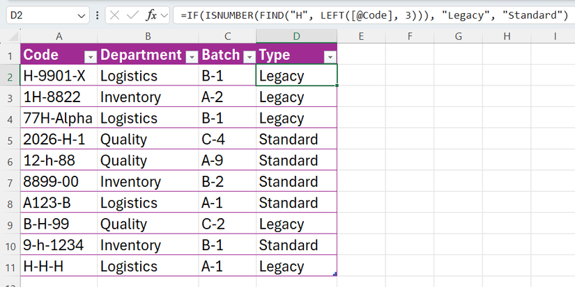 IF, ISNUMBER, FIND, and LEFT used in an Excel formula to identify codes with a capital 'H' in the first three characters.