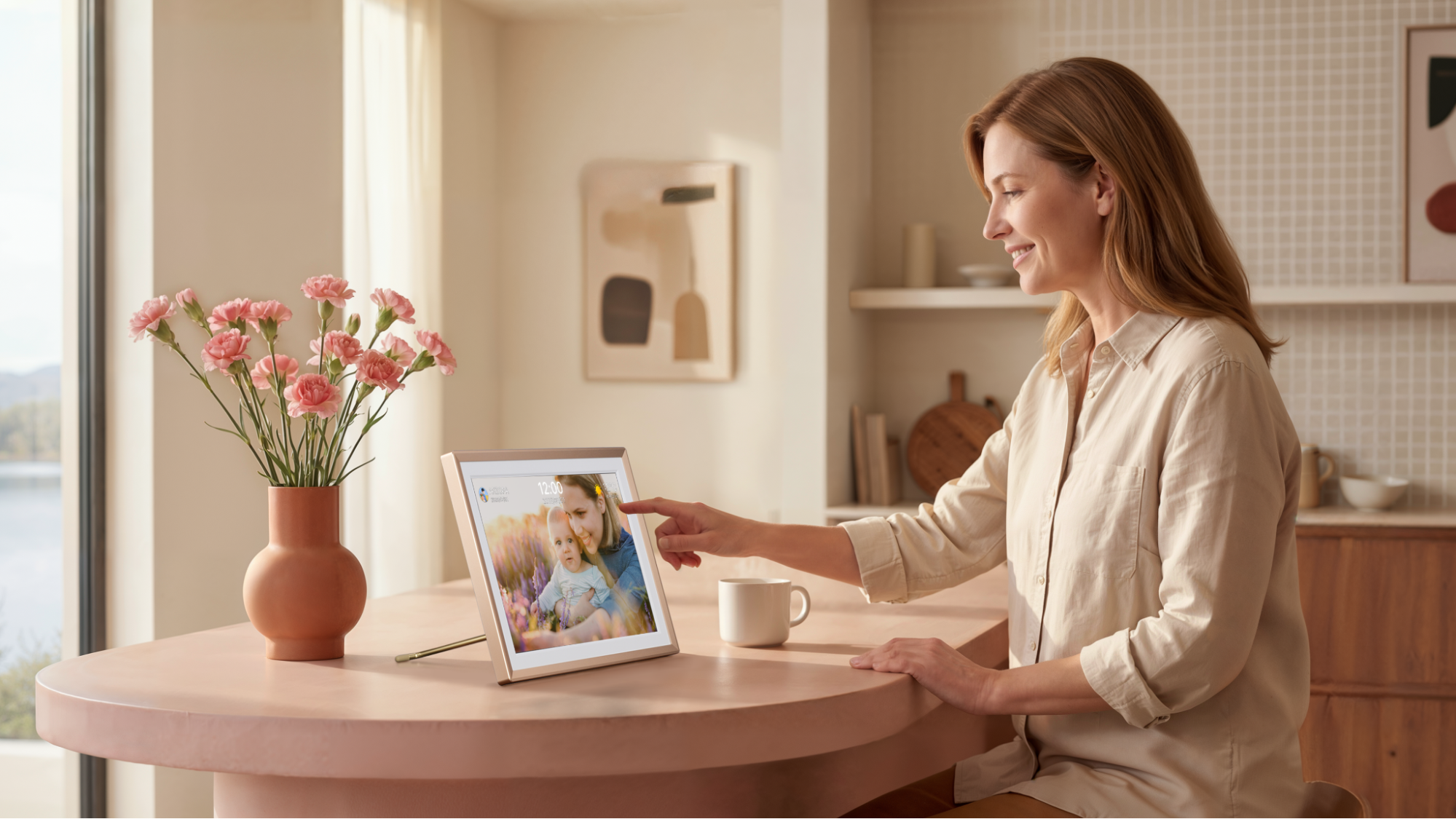 A woman sits at a table in a bright, cozy room, smiling as she interacts with a smart display showing a photo of a parent and child, with a vase of flowers and a cup nearby.
