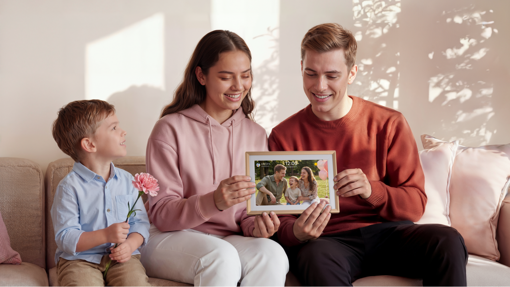 A smiling couple sits on a couch with a young child holding a flower, while the adults display a smart photo frame showing a family picture in a warmly lit living room.