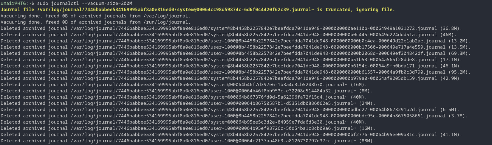 screenshot of sudo journalctl --vacuum-size=200M being run on a fedora system