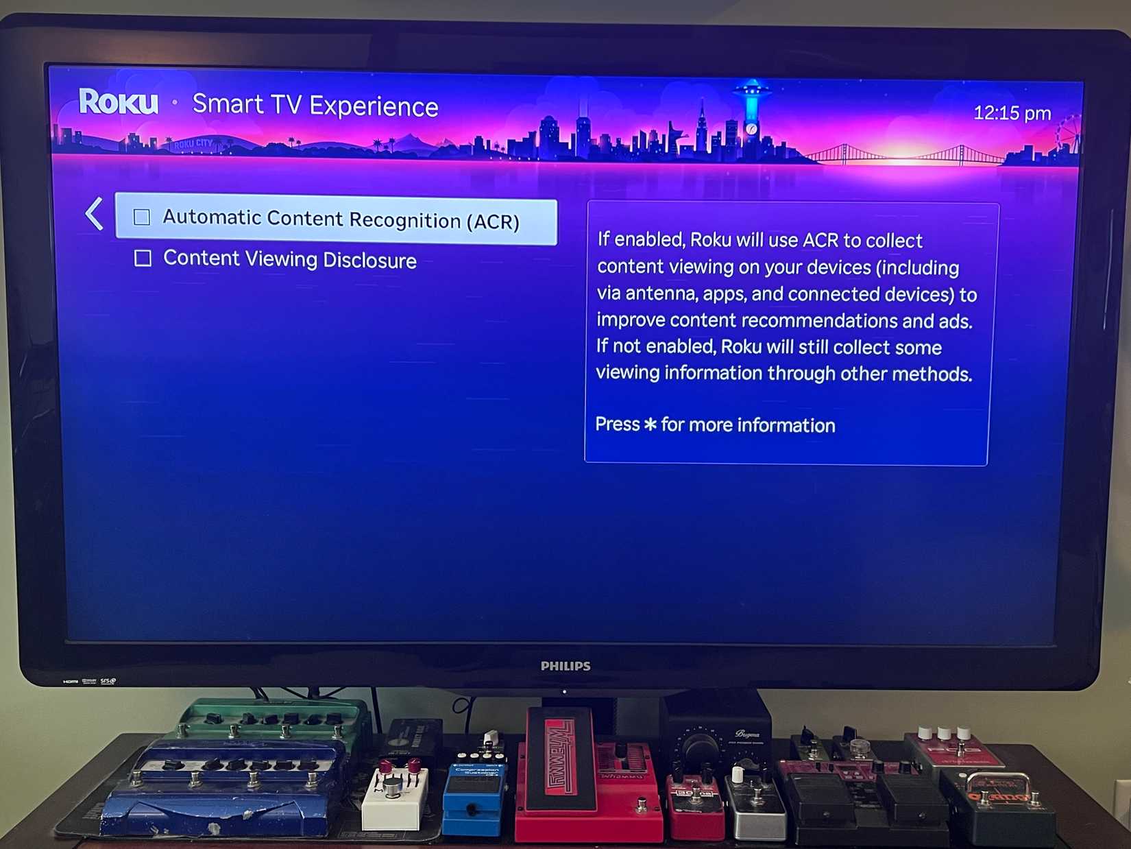 An image ofa Roku TV open to the ACR settings page.