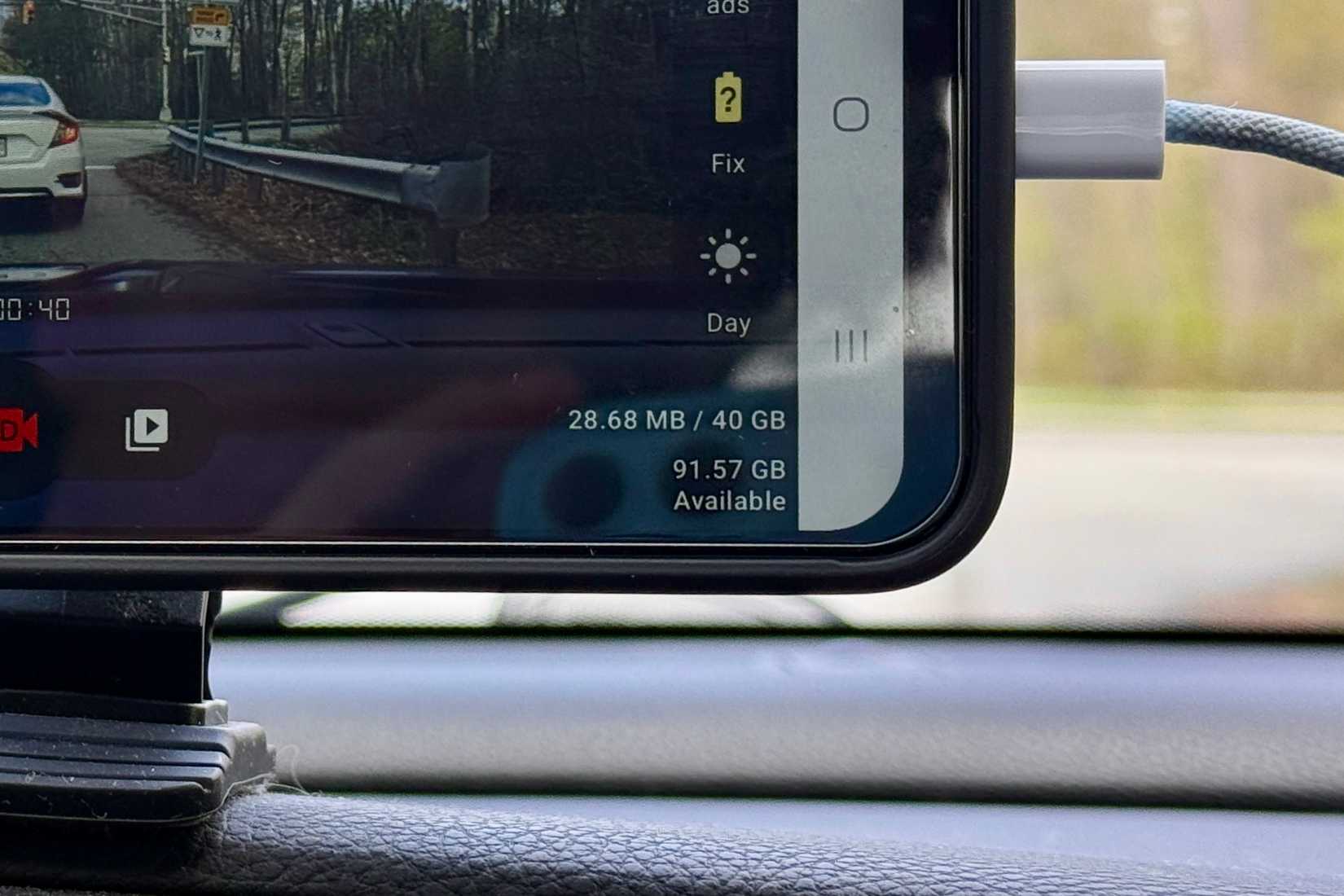 Available storage on the dashcam app on a Samsung phone in a car.