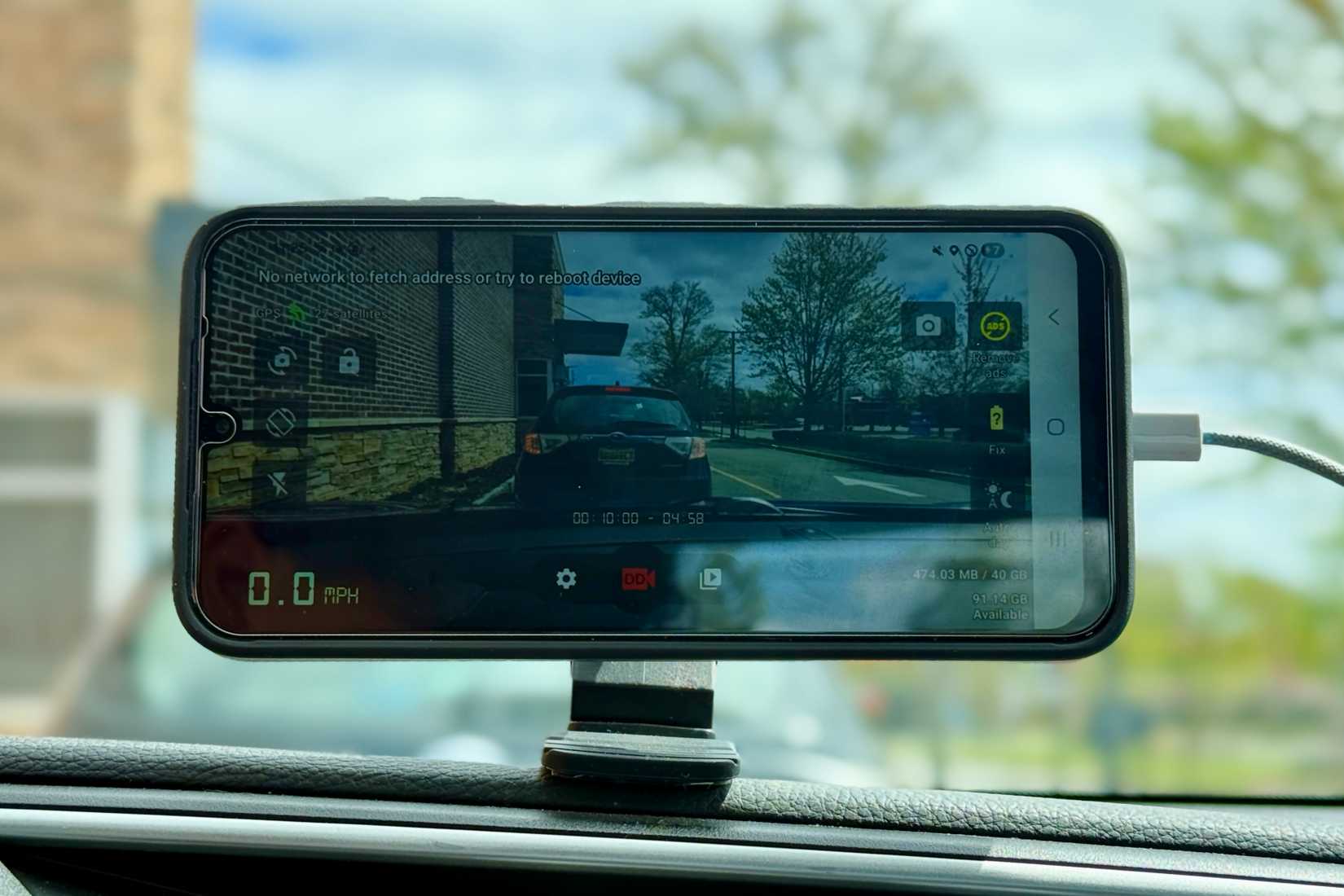 Interface of dashcam app on Samsung device when driving in a car.